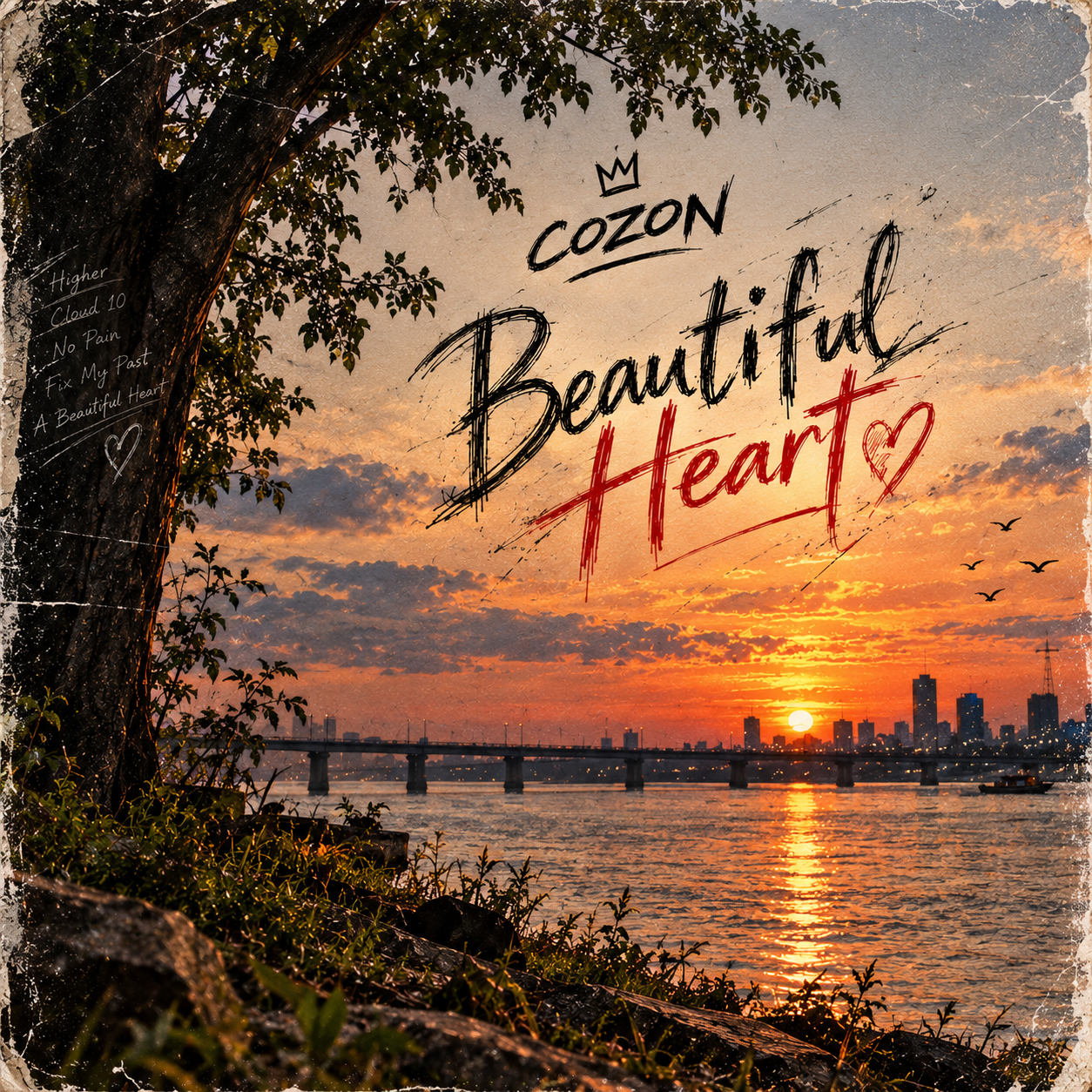 Beautiful Heart artwork featuring Cozon lettering over a glowing sunset