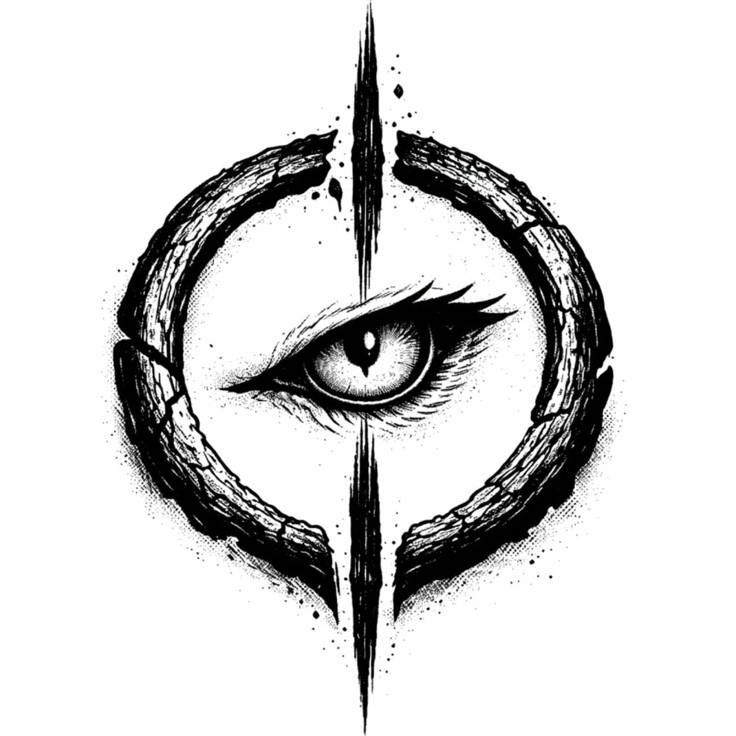 Owlram emblem: a black illustrated eye framed by a circular mark